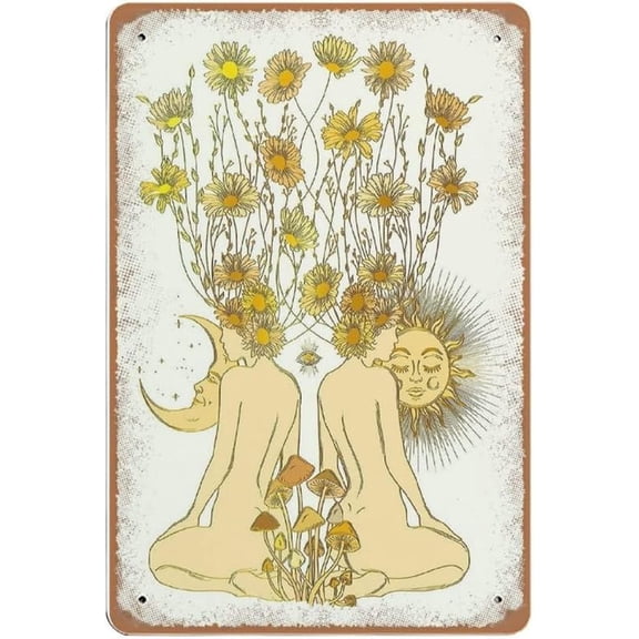 Retro Mushroom Moon Sun Metal Tin Sign Vintage Wall Decor 8x12 Inch