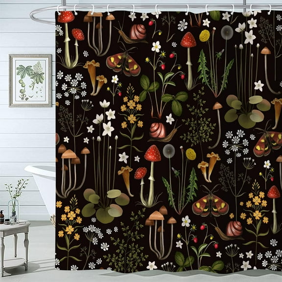 Retro Mushroom Shower Curtain for Bathroom, Fairy Forest Flowers Plants on Black Background Bath Curtains, Vintage Botanical Fabric Shower Curtain Sets with Hooks 72 x 72