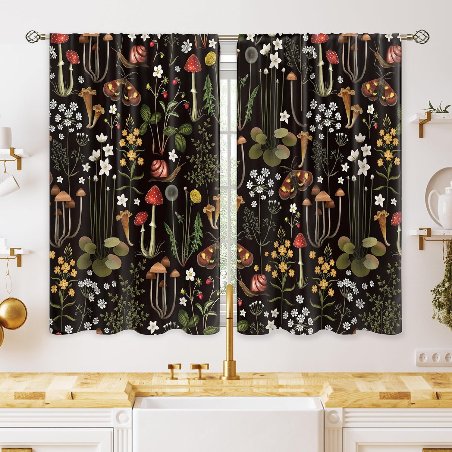 Retro Mushroom Small Kitchen Curtains Rustic Botanical Window Treatment ...
