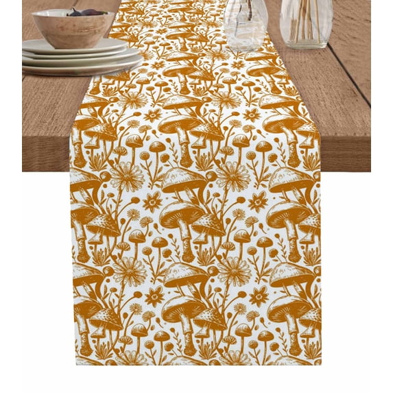 Retro Mushrooms Table Runner 70 Inches, Orange Fall Farmhouse Pastoral Bed Runner Dresser Scarves Tabletop for Indoor Outdoor Parties/Ceremony/Banquet, 13" x 70"