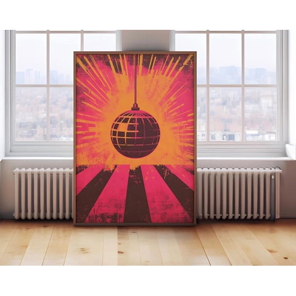 Retro Music Disco Ball Wall Art Vintage Poster Orange Pink Mirror Ball Poster Aesthetic Trendy Dorm Room Decor Art, Unframed Poster Size 8x12