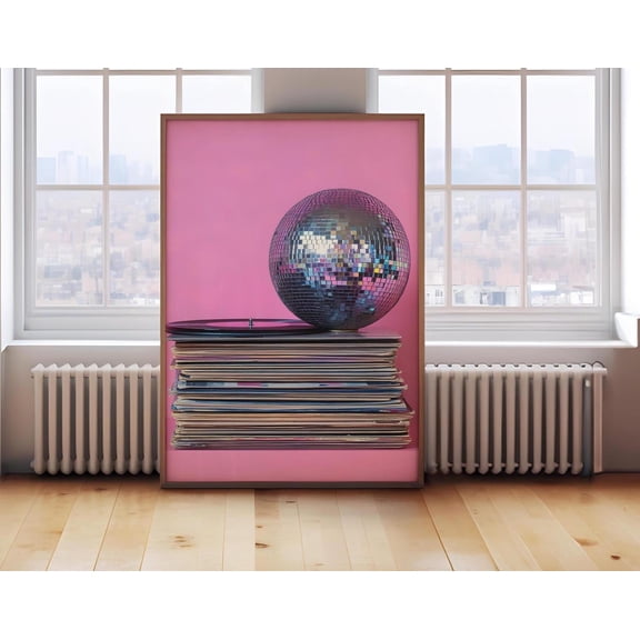 Retro Music Poster, Pink Vinyl Wall Art, Disco Ball Funky Music Print, Music Wall Art,Trendy Decor, Print,DIY art, Size 8x12 UNFFRAMED F03.1.8l2457