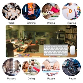 Retro Music Studio Mouse Pad 31.5 x 11.82 Inches Rubber Desk Mat with Vinyl Record and Audio Equipment Design for Office or Home Use