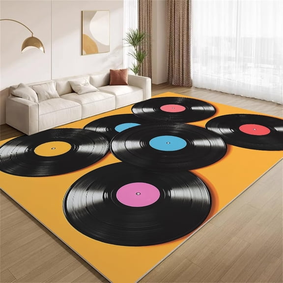 Retro Music Theme Area Rugs, Vinyl Record Pattern Carpet, Washable Non Slip Low Pile Soft Rug for Living Room Bedroom Gameroom Office Decor Mat 3ftx5ft