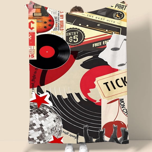 Retro Music Theme Tapestry 70.07 x 90.55 Inches Wall Hanging with Vinyl Records, Guitar and Disco Ball Design for Bedroom, Dorm or Living Room Decor