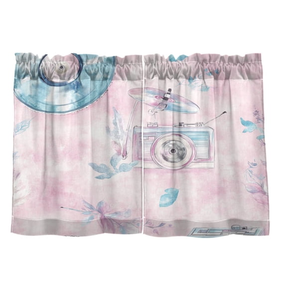 Retro Music Theme with Records 27"x24" Linen Look Cafe Curtain Set with Privacy and UV Protection