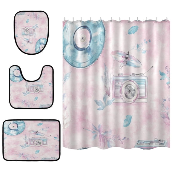 Retro Music Theme with Records Bathroom Accessory Curtain Sets Bath Curtain Anti-Slip Mats and Toilet Pad 66x72in