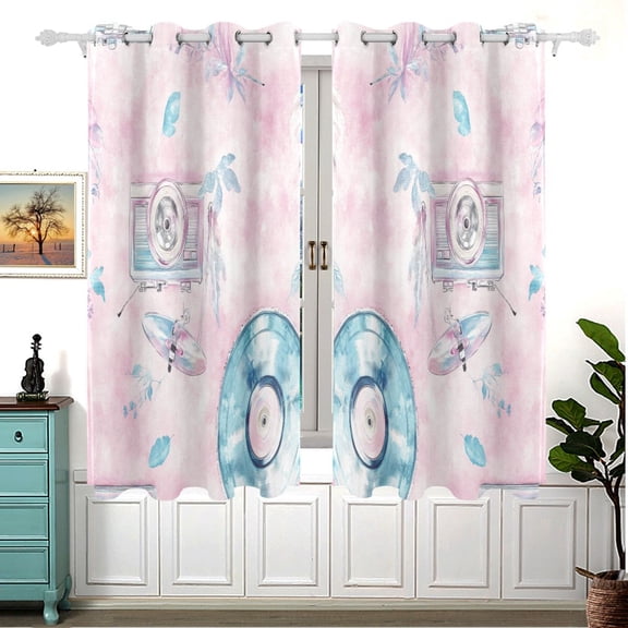 Retro Music Theme with Records 63x55in Window Curtain Panels 63x55in 2-Piece Heavy Duty 80% Light Blocking