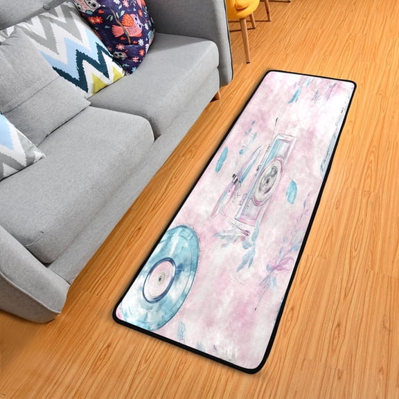 Retro Music Theme with Records Long Area Rug 72" x 24" Non-Slip Polyester with Cotton Padding
