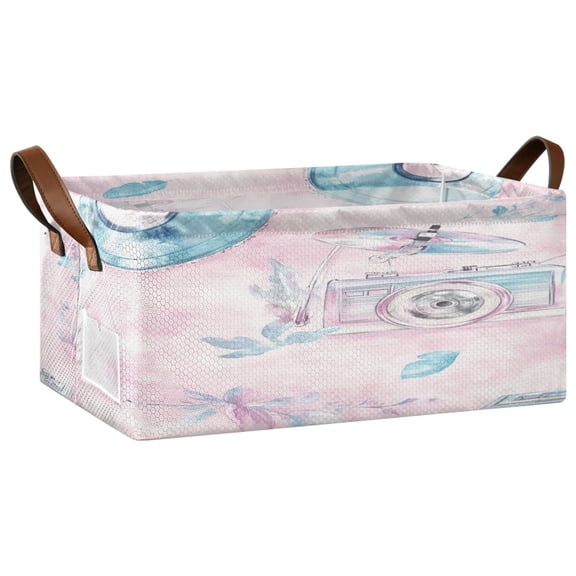 Retro Music Theme with Records Open Home Storage Bins Foldable Metal Frame Shelf Baskets 16.9x11.4x7.7in Water-Resistant