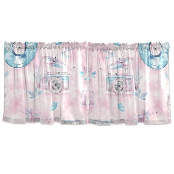 Retro Music Theme with Records Tier Curtains for Kitchen 57x24 Inch Semi Sheer Light Filtering Half Window Curtains 2 Panels