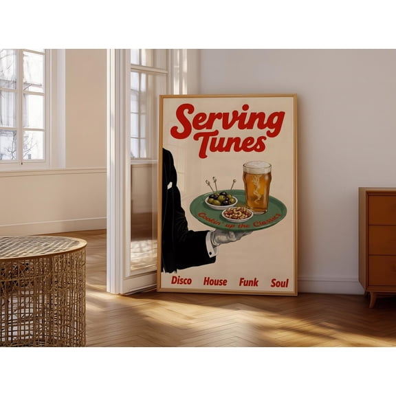 Retro Music Themed Wall Art Serving Tunes With Disco House Funk Soul Vibes Classic Cocktail And Snack Design
