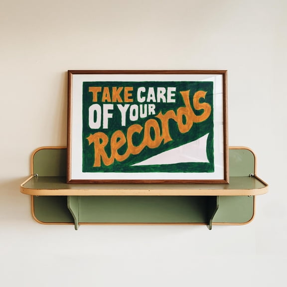 Retro Music Wall Art, Mid Century Modern Wall Art, Hand Painted Take Care Of Your Records Print, Record Player Wall Art, Horizontal Print Home Decor #1485, 8x12 UNFRAMED
