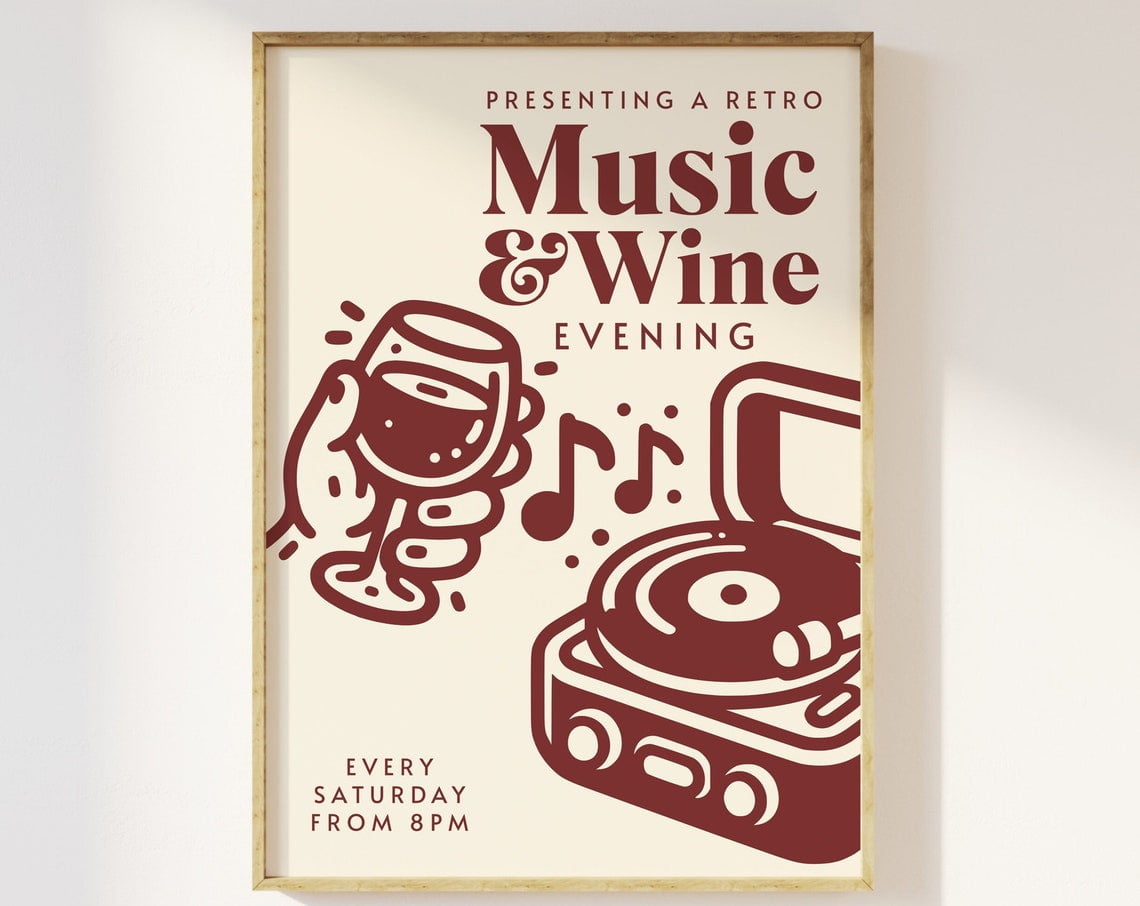 Retro Music And Wine Evening Print, Retro Illustration Poster, Kitchen ...