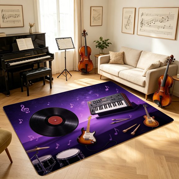 Retro Musical Instrument Collection Large Floor Mat, Living Room Bedroom Kitchen Decor, Holiday Gift for Musicians & Music Fans