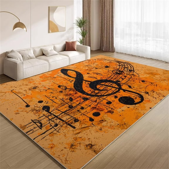 Retro Musical Notes Area Rugs, Orange Groovy Carpet, Washable Non Slip Low Pile Soft Rug for Entryway Living Room Bedroom Decor Mat 2ftx3ft