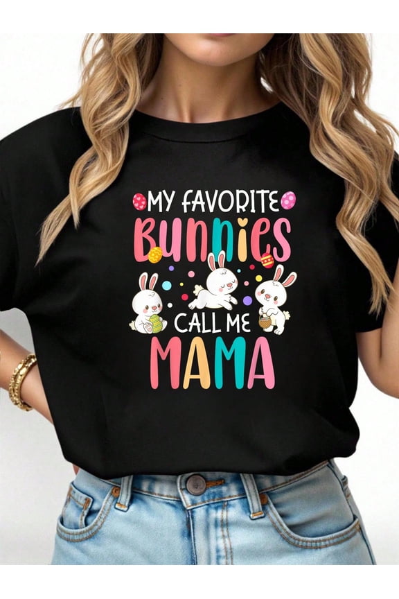 Retro My Favorite Bunnies Call Me Mama Easter T-Shirt Funny Cute Rabbit Graphic Top for Women Motherhood Tee Festive Holiday Apparel