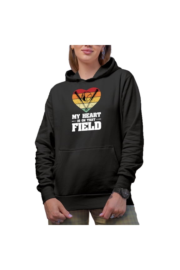 Retro My Heart Is on That Field, Baseball Coach or Player Quote, Black Hooded Sweatshirt or Hoodie, Medium