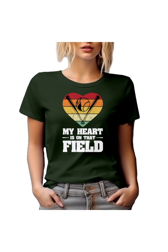 Retro My Heart Is on That Field, Baseball Coach or Player Quote, Military Green T-Shirt, Large