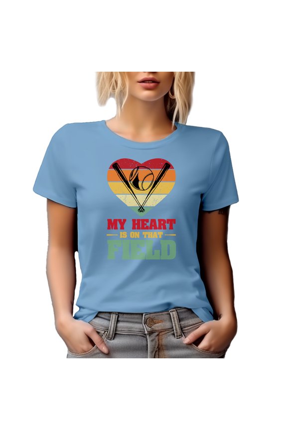 Retro My Heart Is on That Field, Baseball Player or Coach, Baby Blue T-Shirt, Large