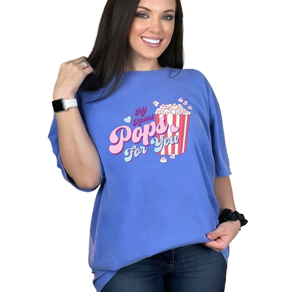 Retro My Heart Pops for You, Popcorn Art, Valentine's Day, Flo Blue Comfort Colors T-Shirt, Medium