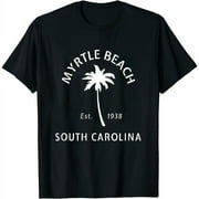 TMANI Retro Myrtle Beach SC Beach Novelty Palm Tree Graphic Art Womens T-Shirt Black