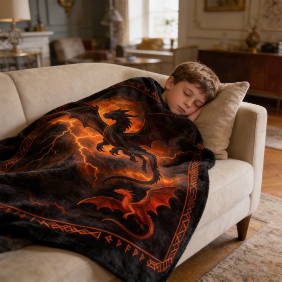 Retro Mythical Fire Dragon Blanket, 5 Sizes (75×100 Cm Knee Cushion To 150×200 Cm Double-Bed Throw), Ultra-Soft Fleece Base With Storm-Sky & Elder Futhark Runes Design,