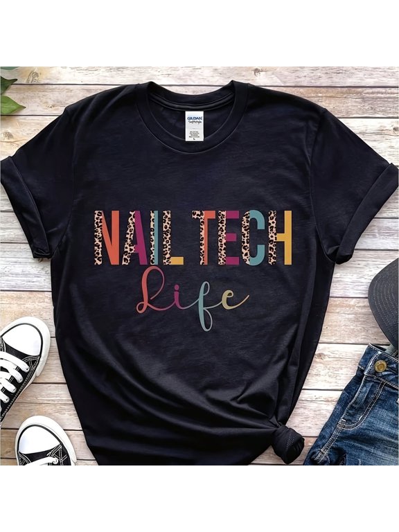 Retro Nail Tech Life Graphic Tee Leopard Print Manicurist Gift Aesthetic Salon Professional T-Shirt for Men and Women