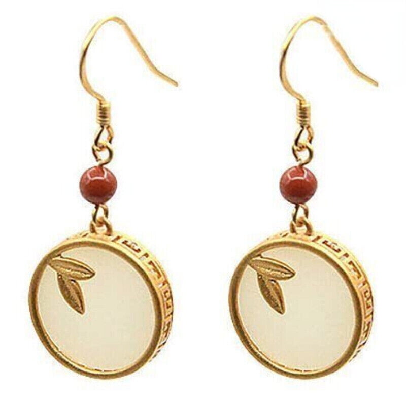 JONJUMP Retro Natural Hetian Jade Bamboo Leaf Earrings Chinese Jewelry Lucky Charm