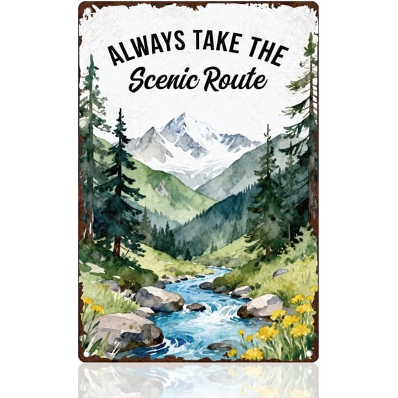 Retro Natural Landscape Metal Wall Art Tin Sign 8 x 12 Inch Forest Mountain River Decor for Home Caf Bathroom Camper RV Garage