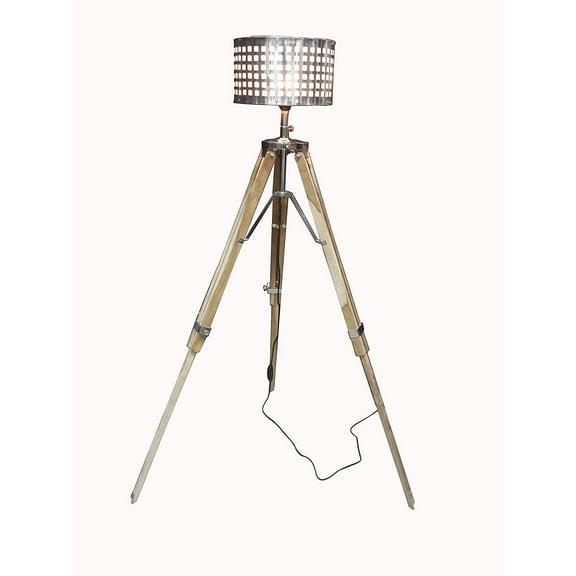Retro Natural Wood Art Deco Tripod Floor Lamp With Chrome Shade Home Decor