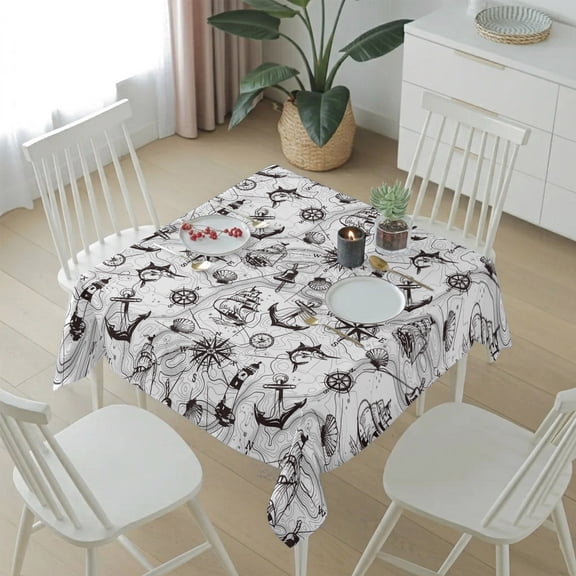 Retro Nautical Anchor Lighthouse Table Cloth 54x54in, Waterproof Square Tablecloth Wipeable Tablecloths Black White Compass Map Table Covers for Dining Tables Party Indoor Outdoor