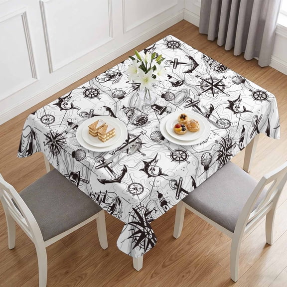 Retro Nautical Anchor Lighthouse Table Cloth 60x84in, Waterproof Rectangle Tablecloth Wipeable Tablecloths Black White Compass Map Table Covers for Dining Tables Party Indoor Outdoor