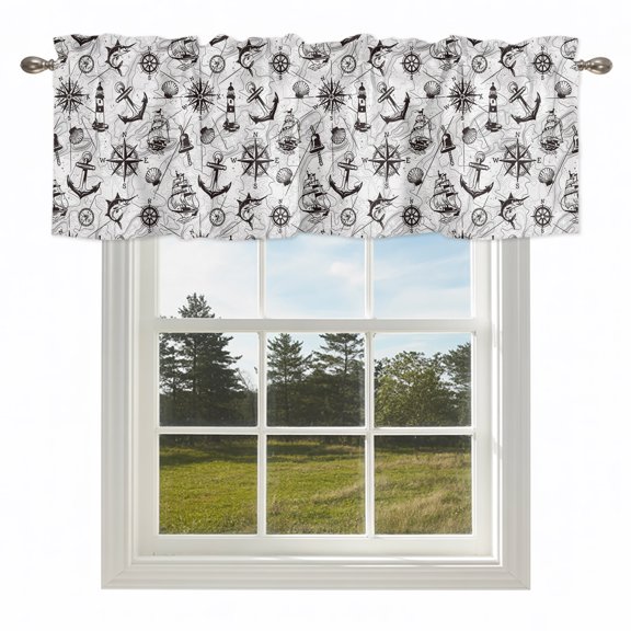 Retro Nautical Anchor Lighthouse Valances for Windows Black White Compass Map Rod Pocket Curtain Valance Window Treatment Short Curtains for Kitchen Living Room,54x18in