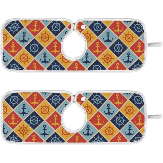Retro Nautical Anchors Sink Splash Guard for Faucet 2 Packs Faucet Absorbent Mats, Summer Steering Wheels Faucet Handle Drip Catcher Quickly Drying Mat for Kitchen Counter Bathroom, 30"x5.5"