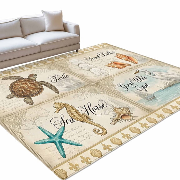 Retro Nautical Area Rugs 5x8ft Ocean Sea Turtle Seahorse Starfish Sea Map Floor Rug&nbsp;Non Slip Low Pile Ultra Soft Throw Carpet for Entryway Indoor Entrance Kitchen Bathroom