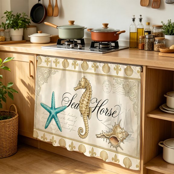 Retro Nautical Cabinet Curtains 35" W x 35" L Ocean Beige Seahorse Conch Seashell Ship Waterproof Adhesive Kitchen Under Sink Curtain Dust-Proof Dishwasher Skirt for Closet