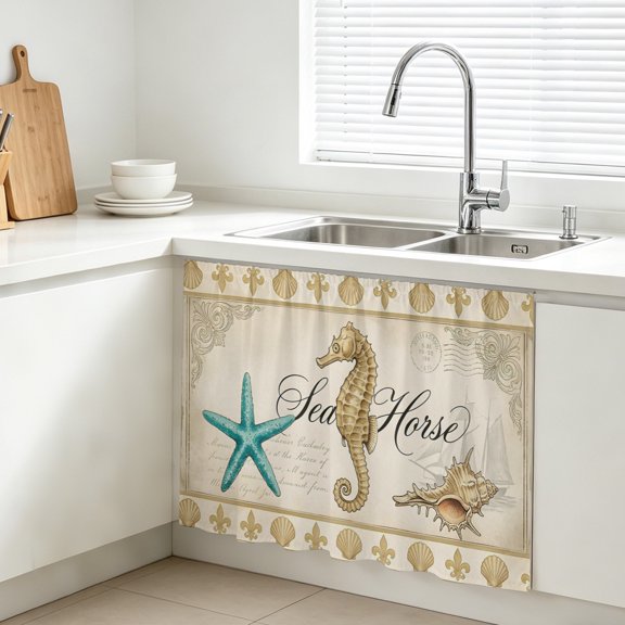 Retro Nautical Cabinet Curtains for Kitchen 10"W x 11"L, Ocean Beige Seahorse Conch Seashell Ship Under Sink Skirt Magic Tape Short Curtain Decorative Privacy Panel for Bathroom Laundry
