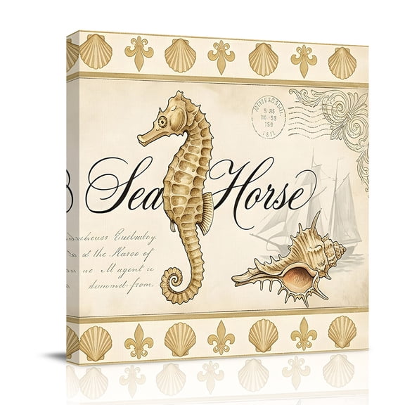 Retro Nautical Canvas Wall Art for Living Room, Ocean Beige Seahorse Conch Seashell Ship Poster Print Painting for Bedroom Office Home Decoration Wall Pictures Prepare To Hang 12"x12"