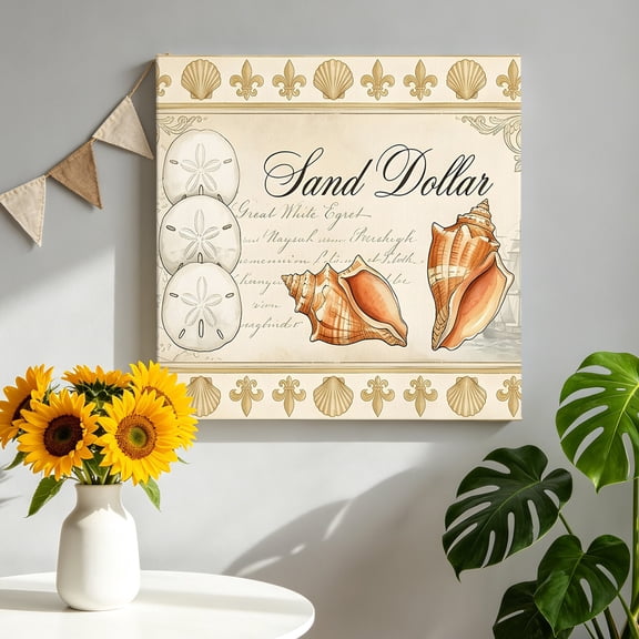 Retro Nautical Canvas Wall Art, Ocean Beige Sand Dollar Conch Seashell Ship Framed Canvas Wall Decor Picture Print Artwork Decorations for Living Room Office Ready to Hang 8" x 8"
