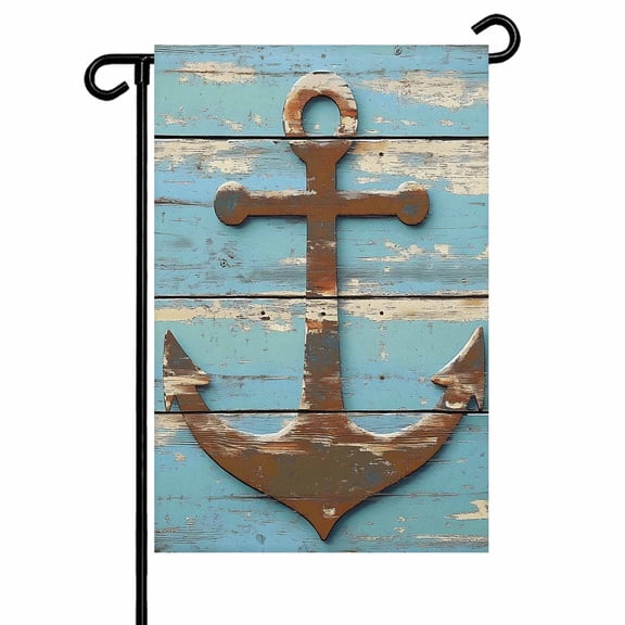 Retro Nautical Garden Flags for Outside Anchor Wood Texture Double Sided Yard Flags Outdoor House Decoration, Small 12X18 Inch, Brown Turquoise