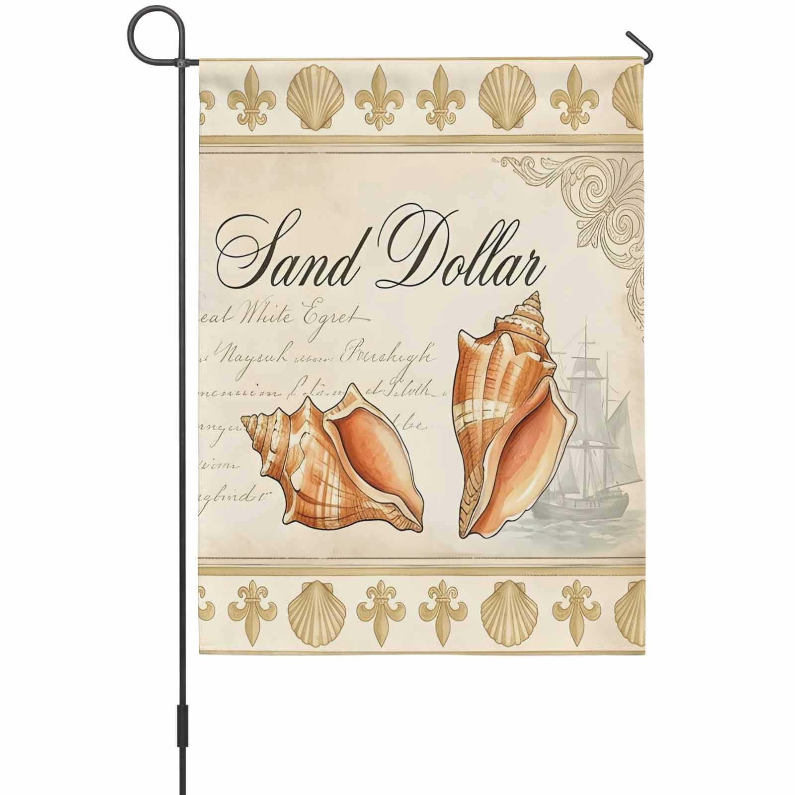 Retro Nautical House Flag 28 x 40 Inches, Ocean Beige Sand Dollar Conch Seashell Ship Weather Proof Outdoor Patio Flags Double Sided Small House Decoration for Yard Lawn Outside Home