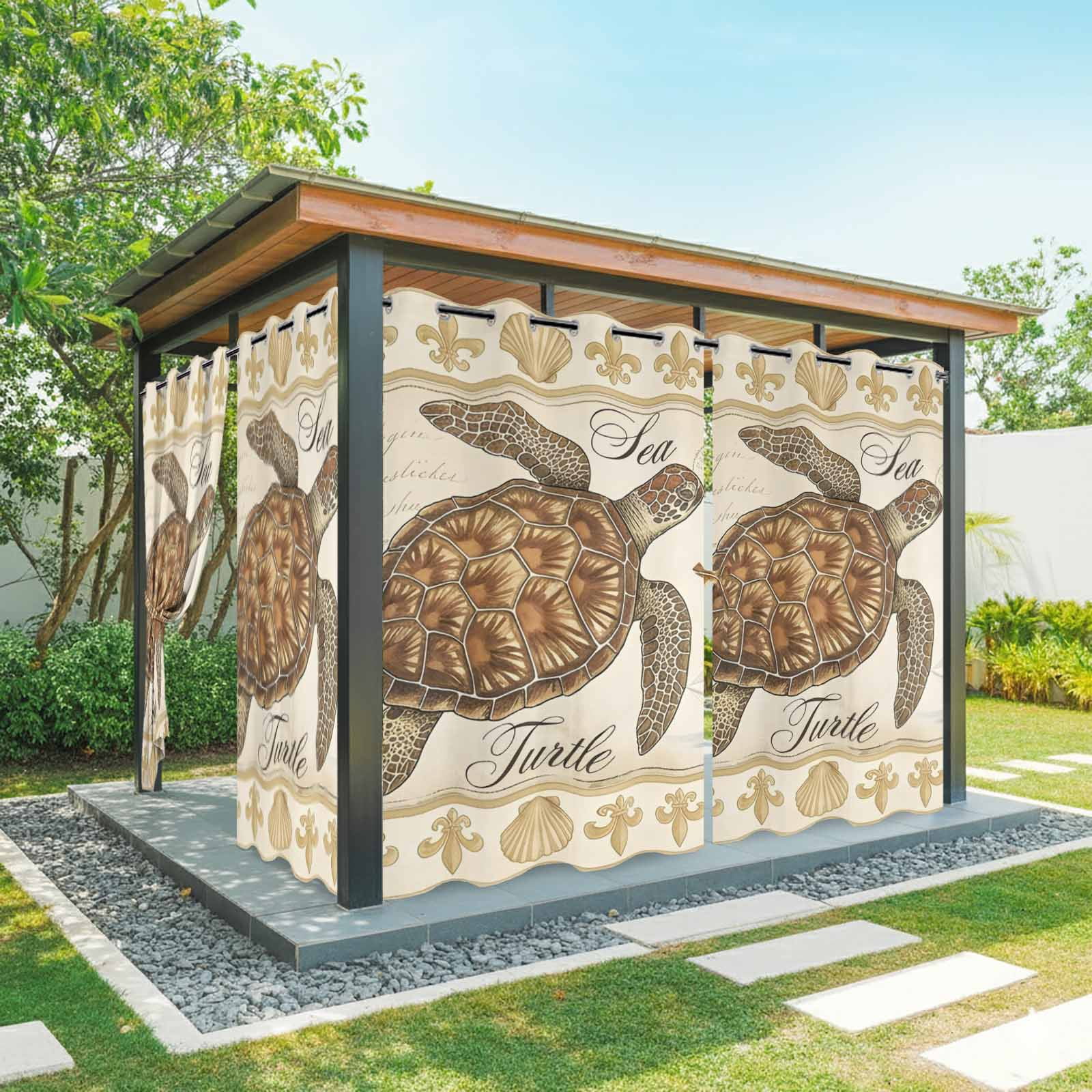Retro Nautical Outdoor Curtains for Patio, Ocean Beige Brown Sea Turtle Seashell Ship Sunshade Privacy Drapes Grommet Waterproof Outside Curtains for Porch/Cabana/Balcony 54"x 108", 1 Panel