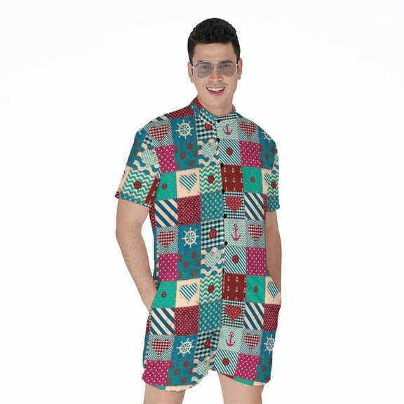 Retro Nautical Patchwork Pattern Short Sleeve Men'S Rompers Casual Summer Jumpsuits Outfit