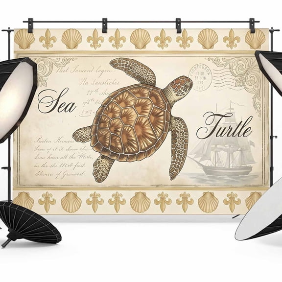 Retro Nautical Photography Backdrop 7x5FT, Ocean Beige Brown Sea Turtle Seashell Ship Photo Backdrops, Background for Photography Studio Photo Studio Background, Back Drop for Photoshoot