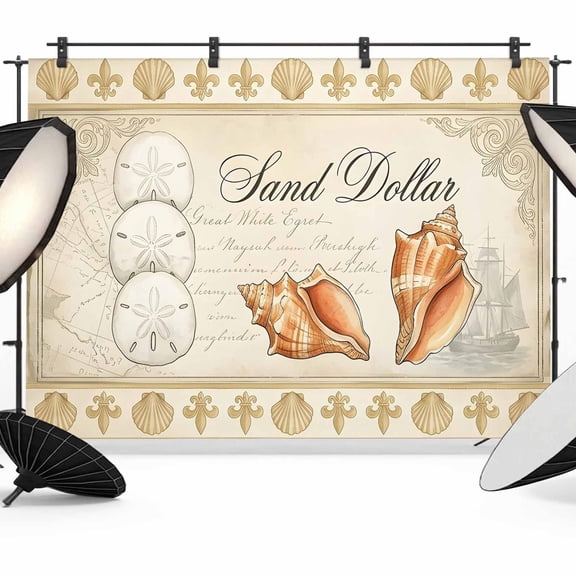 Retro Nautical Photography Backdrop 7x5FT, Ocean Beige Sand Dollar Conch Seashell Ship Photo Backdrops, Background for Photography Studio Photo Studio Background, Back Drop for Photoshoot