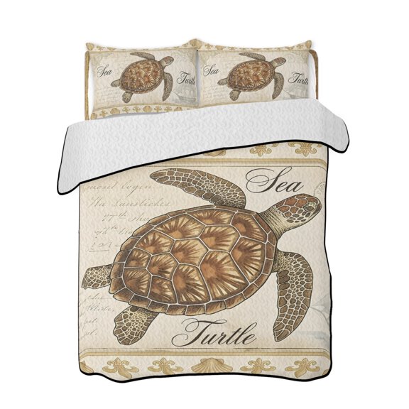 Retro Nautical Quilts Bedding Set Full Size Ocean Beige Brown Sea Turtle Seashell Ship Lightweight Quilted Bedspread 3 Piece Bed Quilt with 2 Pillow Shams All Season for Bedroom 68" x 98"