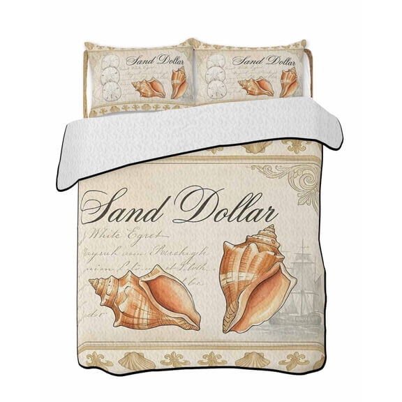 Retro Nautical Quilts Bedding Set Twin Size Ocean Beige Sand Dollar Conch Seashell Ship Lightweight Quilted Bedspread 3 Piece Bed Quilt with 2 Pillow Shams All Season for Bedroom 68" x 86"