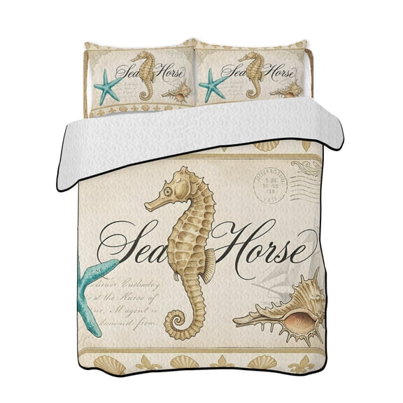Retro Nautical Quilts Bedding Set Twin Size Ocean Beige Seahorse Conch Seashell Ship Lightweight Quilted Bedspread 3 Piece Bed Quilt with 2 Pillow Shams All Season for Bedroom 68" x 86"