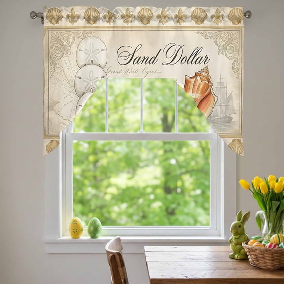 Retro Nautical Swag Valances for Kitchen Window, Ocean Beige Sand Dollar Conch Seashell Ship Small Swag Valances Rod Pocket Curtain Drapes Window Treatment for Bedroom Bathroom, 56x36 Inch
